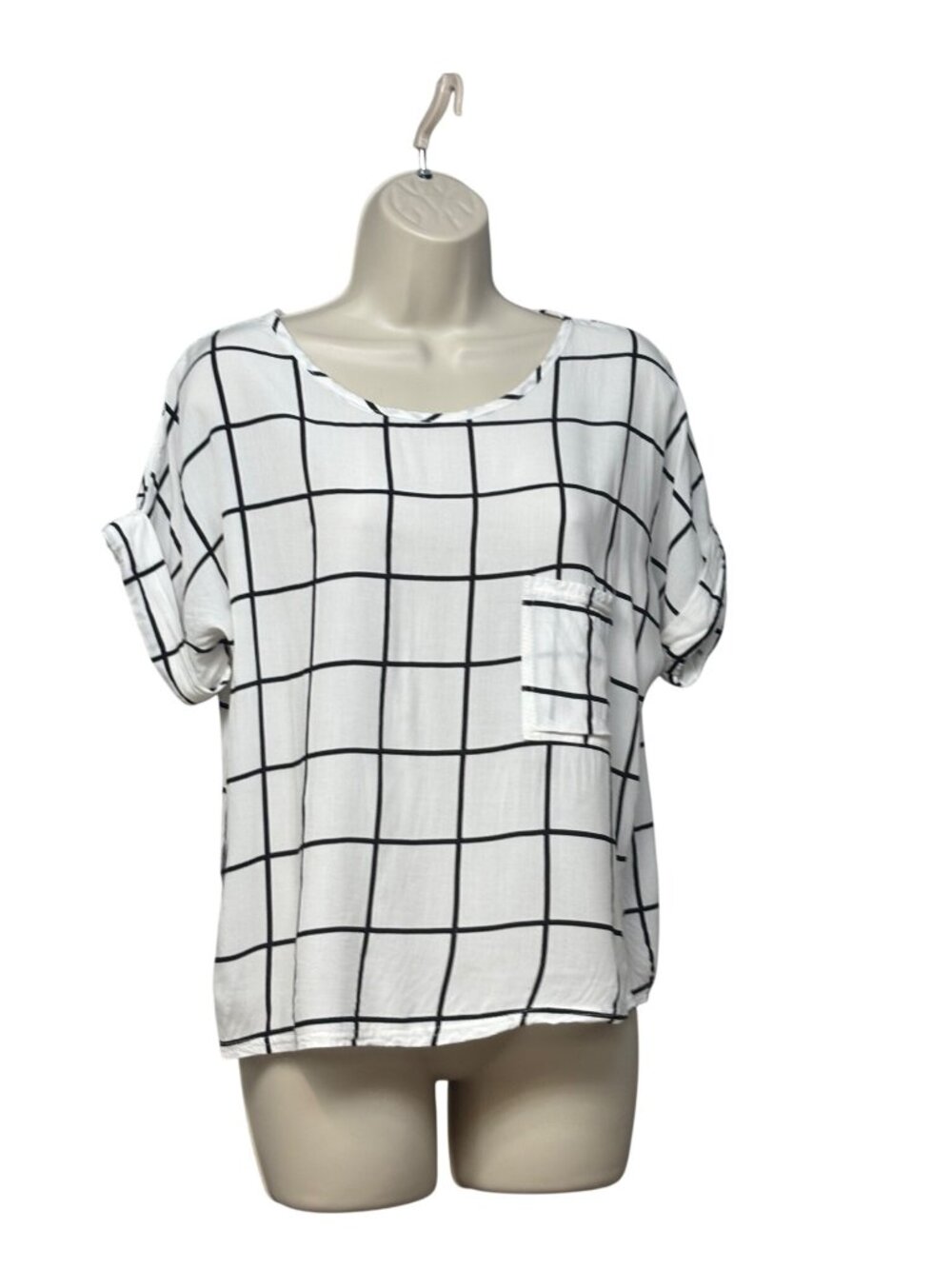 CMNC Women Grid Pattern Short Sleeve Woven Blouse, White/Black , Sz. M